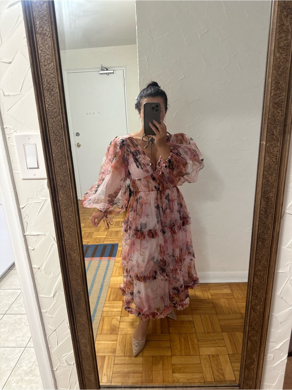 Karen Millen Floral Pink Puff-Sleeve Tiered Maxi Dress